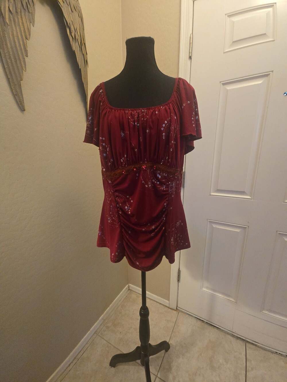 Torrid Burgundy Sequin Peasant‎ Top Plus Size Flowy Boho Blouse